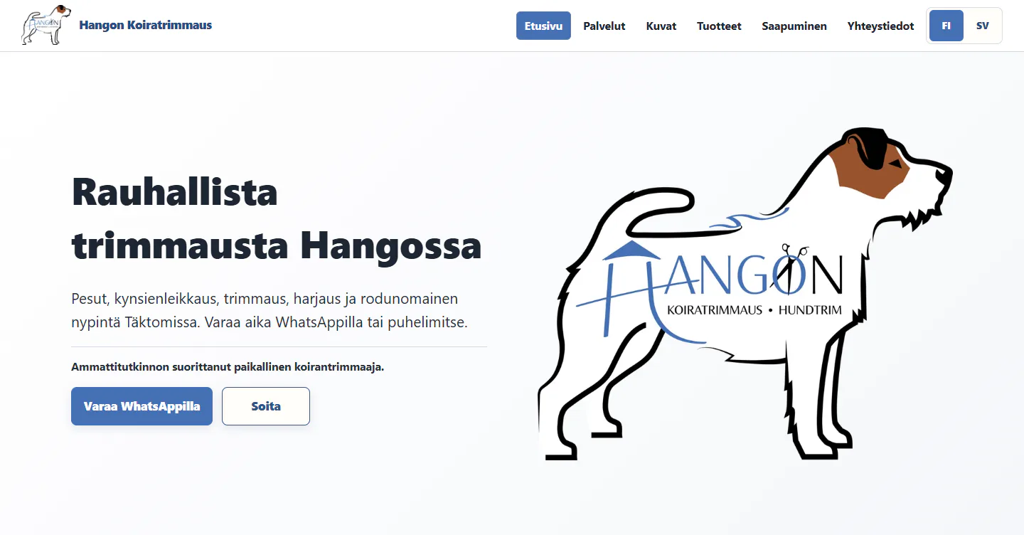Kuvakaappaus Hangon Koiratrimmaus -sivuston etusivusta, jossa ajanvarauspainikkeet ovat yrityksen koiralogon vieressä.